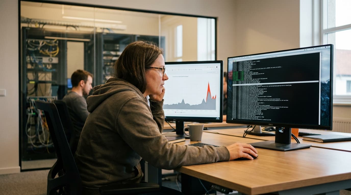 An engineer at a desk reviews code on one screen while a performance monitoring dashboard is visible on another.