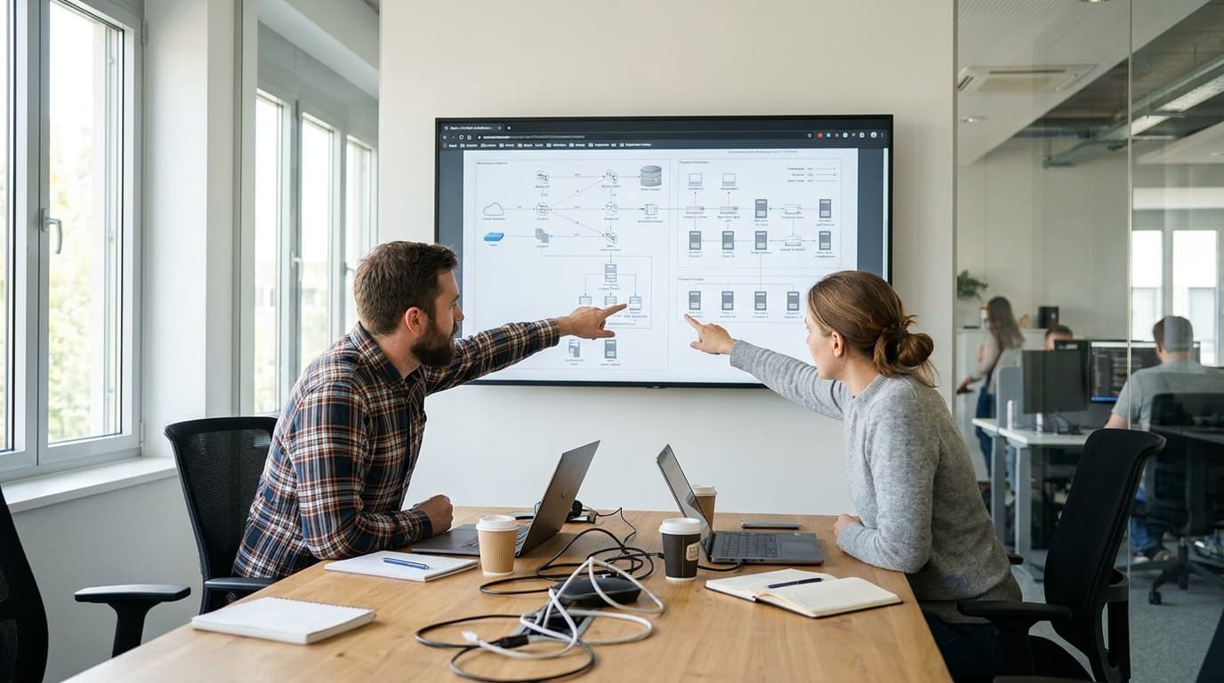 Two engineers discuss a system architecture diagram displayed on a large screen in a corporate meeting room.