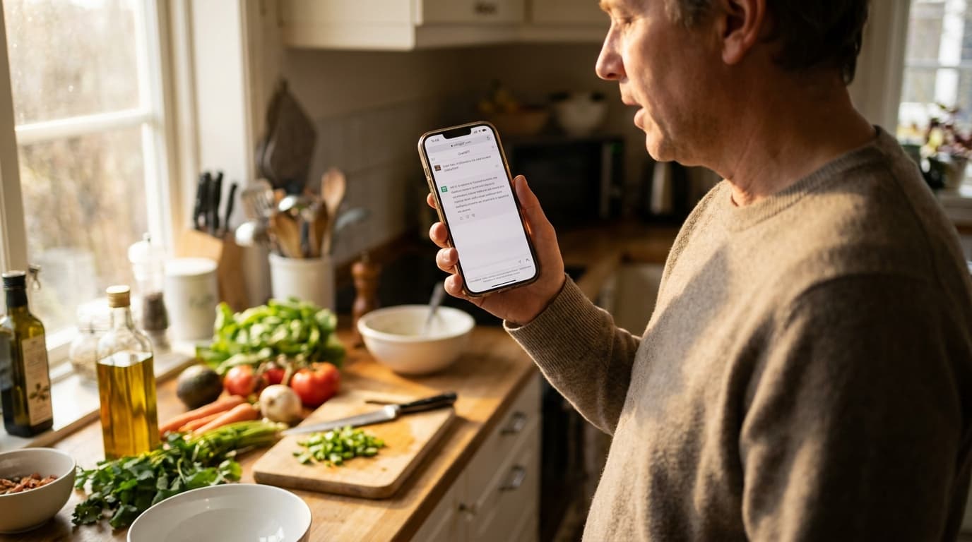 A person using the ChatGPT Voice feature on their smartphone while standing in a home kitchen.