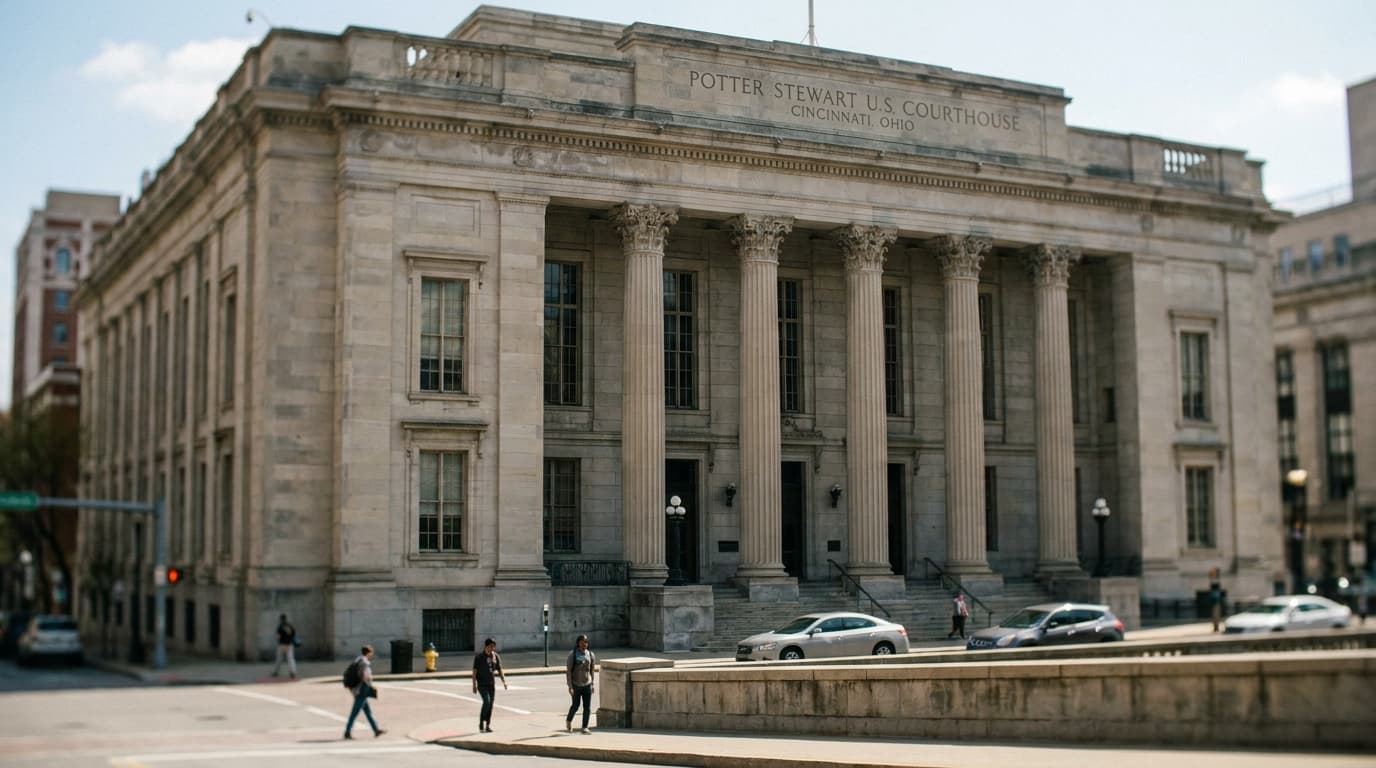The stone facade and columns of a federal courthouse building, representing a legal ruling on technology regulation.