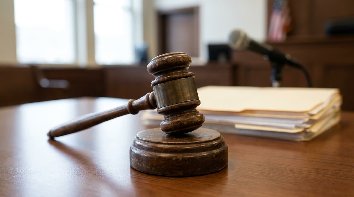 A wooden gavel and sound block sit on a dark wood surface, representing a legal ruling in a courtroom setting.