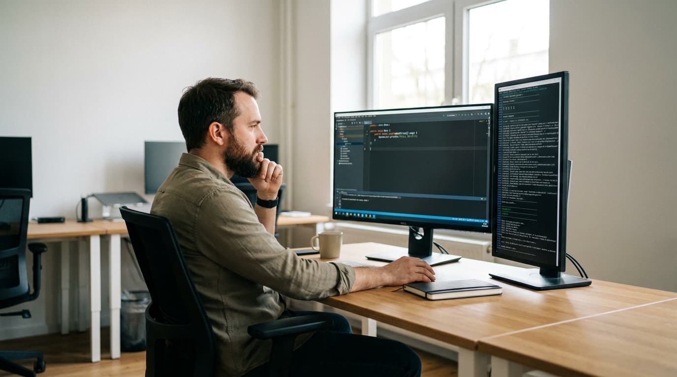 A software developer at their desk reviews Java code on one monitor while a terminal runs on a second monitor.
