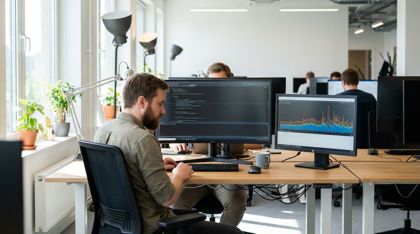 A developer working in the JetBrains Rider IDE on a computer, with a performance analysis chart shown on a second screen.