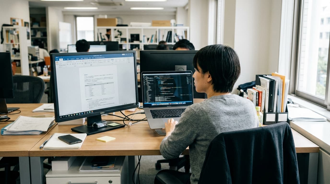 A developer works on a laptop with code on the screen, next to a monitor displaying a Microsoft Word document.