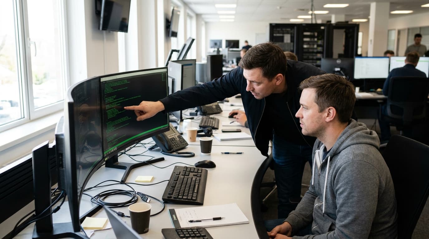 Two engineers in a modern office collaborate over a monitor displaying security-related code and system diagnostics.