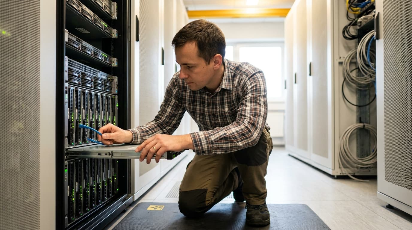 An engineer inspects server hardware inside a rack in a modern data center.