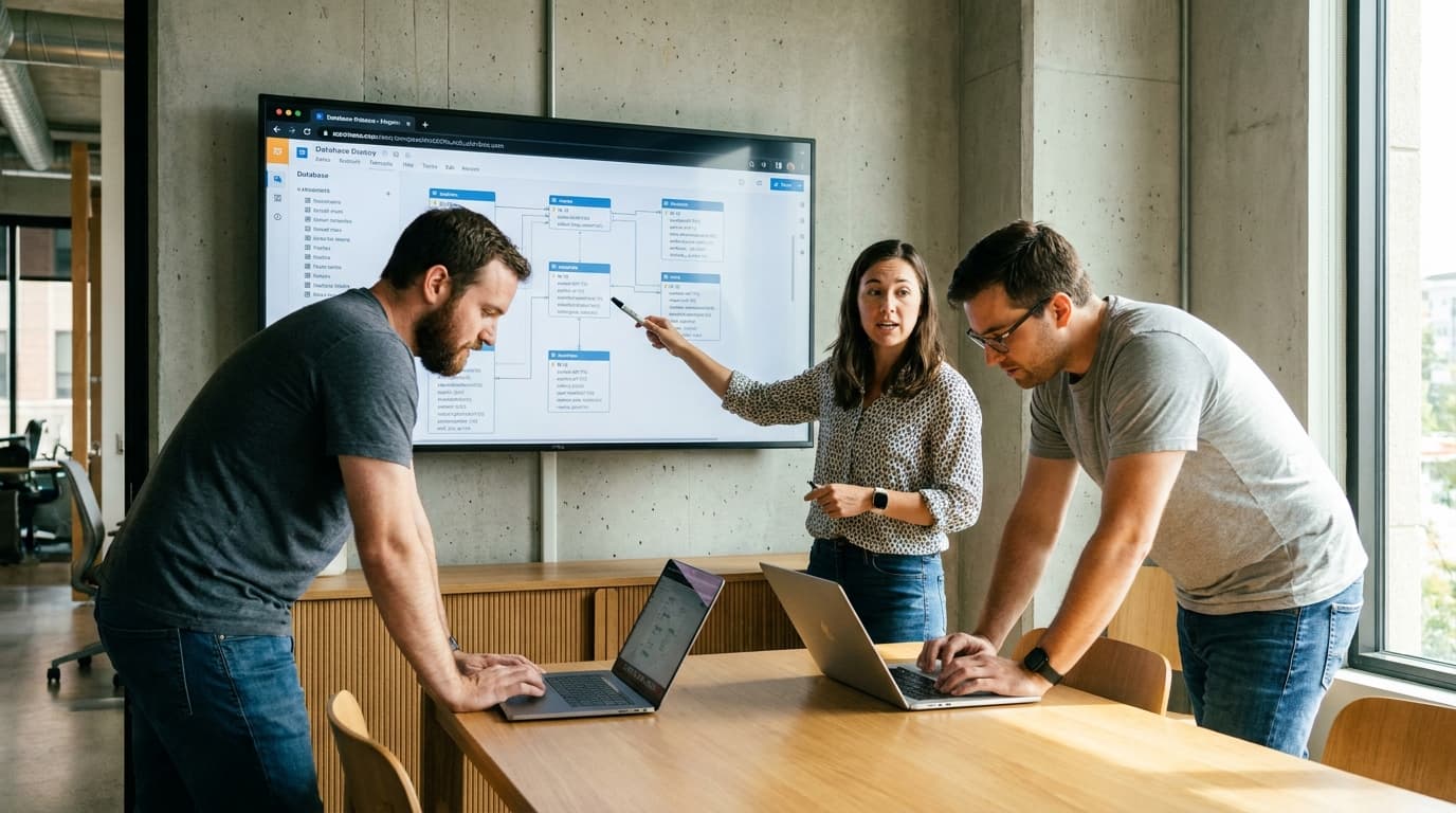 Three software engineers collaborate in a meeting room, discussing a database architecture diagram shown on a large monitor.