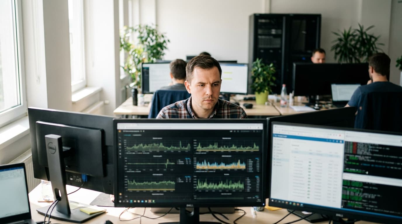 An engineer analyzing complex data dashboards on a computer in an office setting, representing infrastructure monitoring.