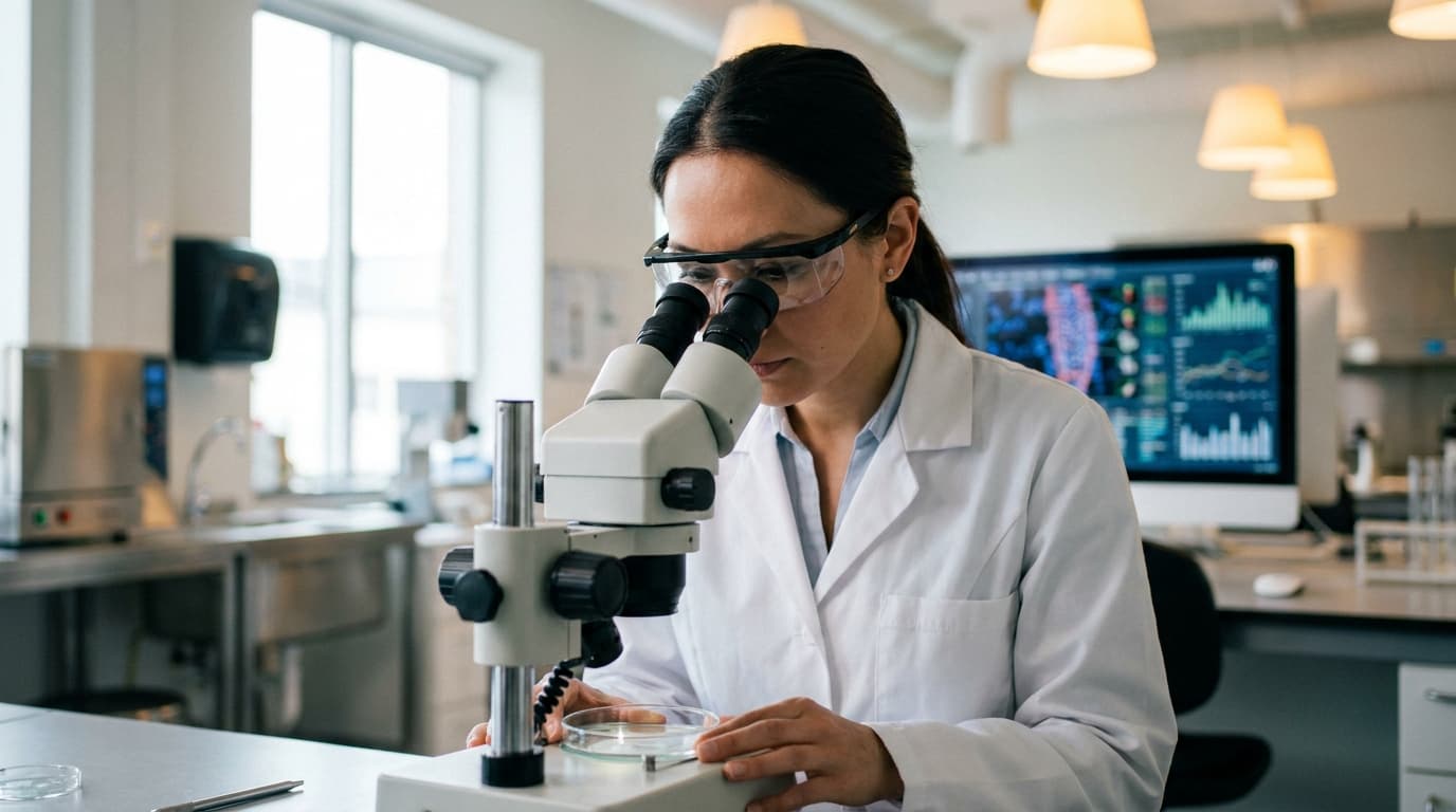 A scientist in a laboratory looking into a microscope, with a computer screen showing data visualizations nearby.
