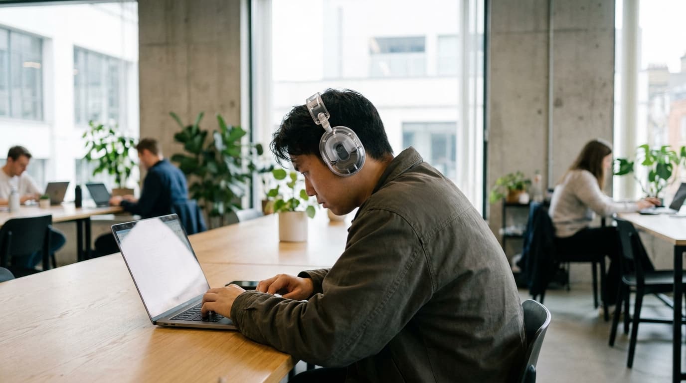 A person wearing the Nothing Headphones (1) Pro, which feature a transparent design, in a modern office setting.
