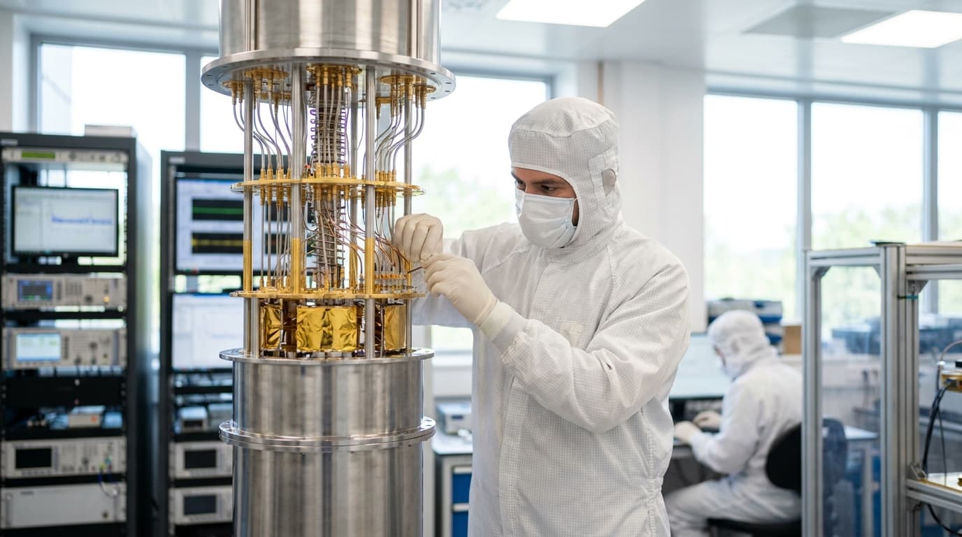 A researcher in a lab coat works on the intricate wiring of a quantum computer inside a new research facility.