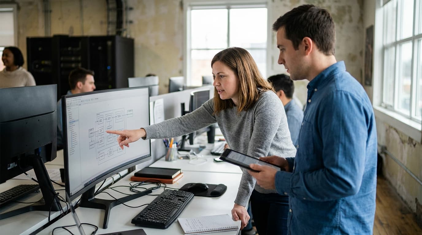 Two software developers in an office collaborating on a system architecture diagram shown on a large computer screen.