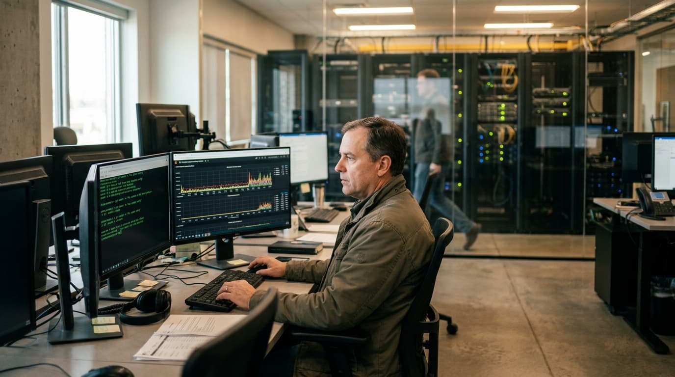 An engineer in a data center control room analyzes Git performance metrics on a computer monitor.