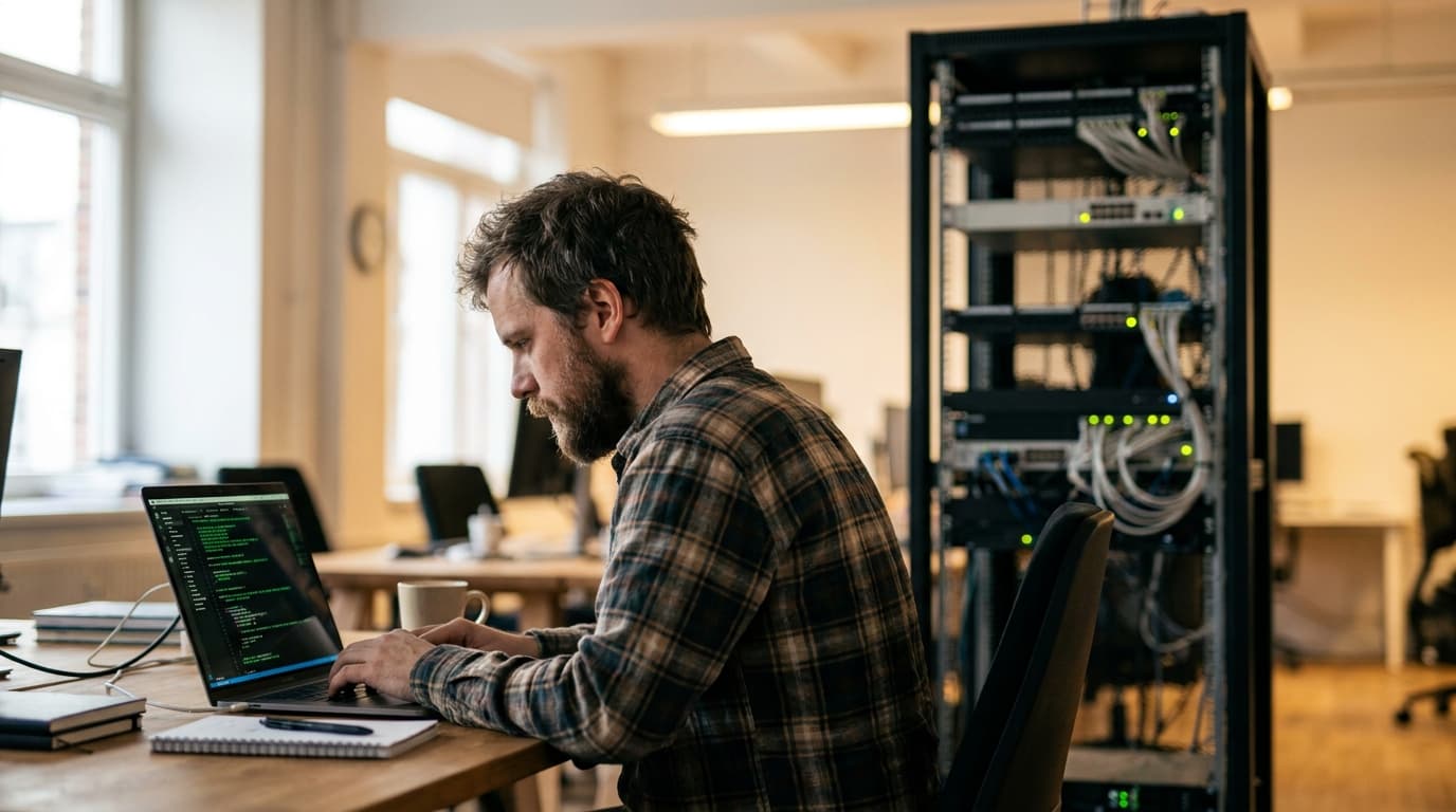 A developer working on a laptop in a modern office, with a data center server rack out of focus behind them.