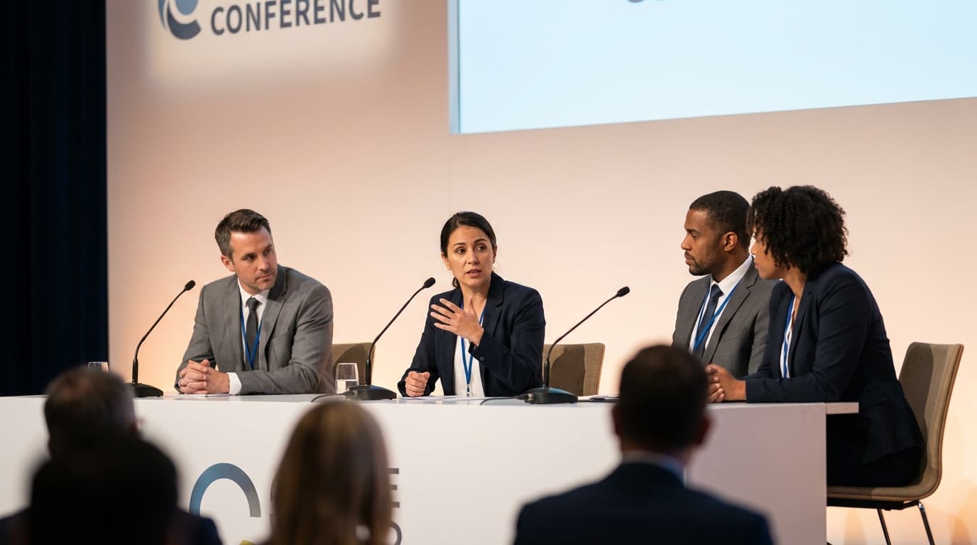 A panel of business leaders discusses enterprise strategy on a stage during a technology conference.