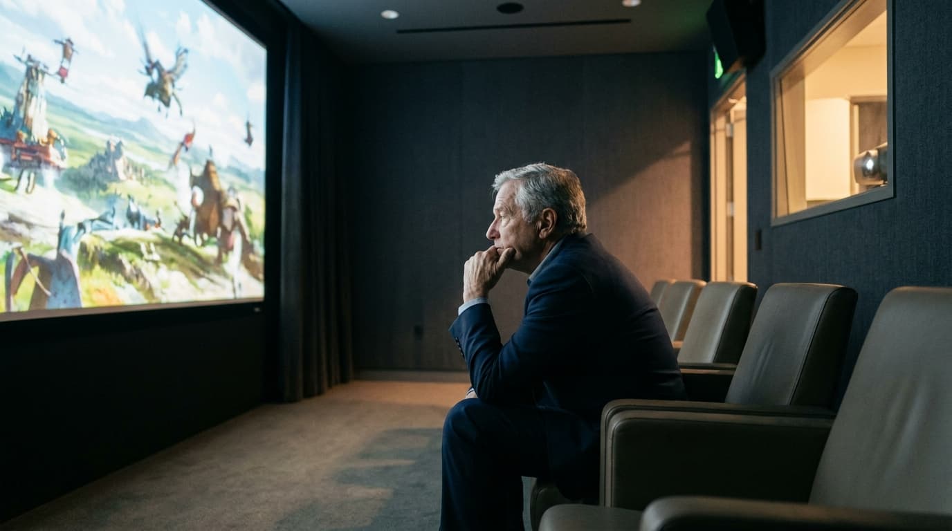 A film executive watches an animated scene on a large screen in a private movie theater.