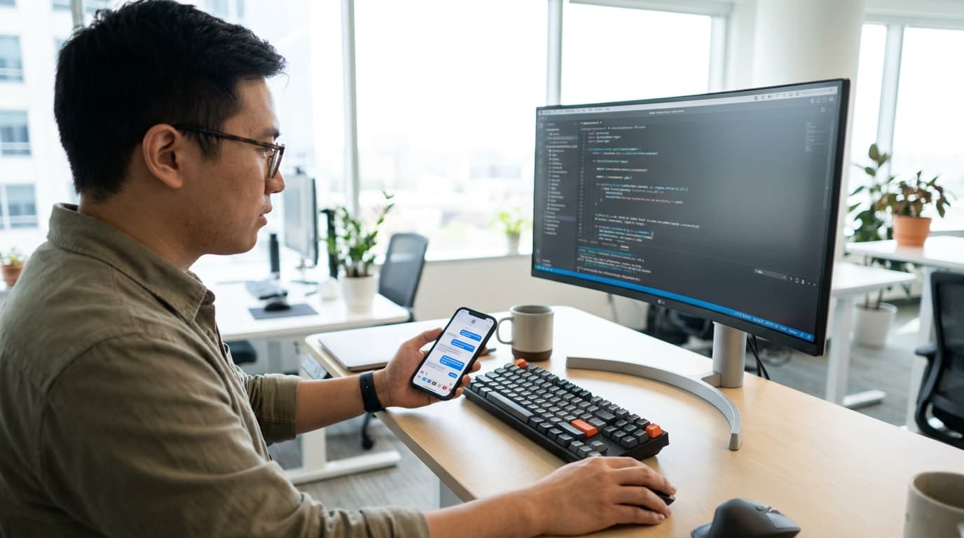 A developer works on code for an AI agent on a large monitor while checking a text message conversation on their smartphone.
