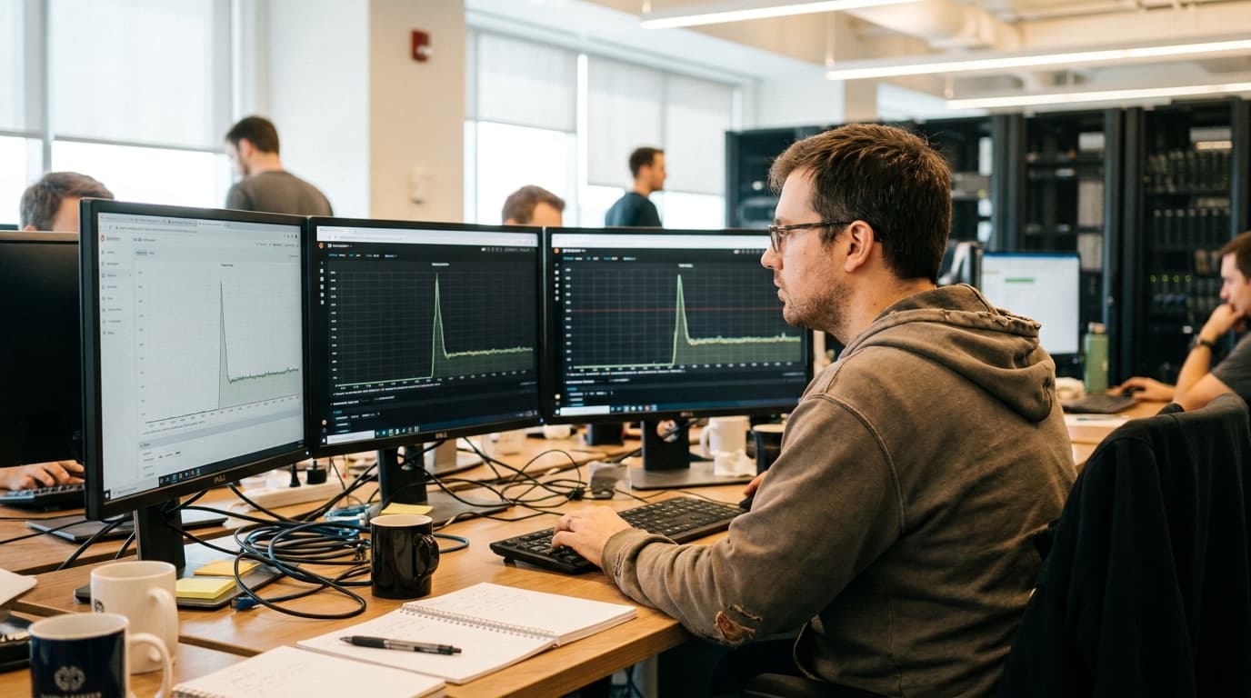 An engineer in an office analyzes CPU performance graphs on a computer monitor, showing a startup spike and then a stable load.