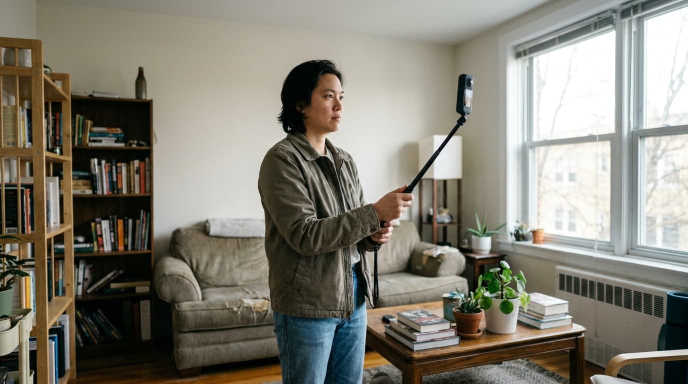 A person using an Insta360 360-degree camera to capture video of a room's interior for 3D spatial scanning.