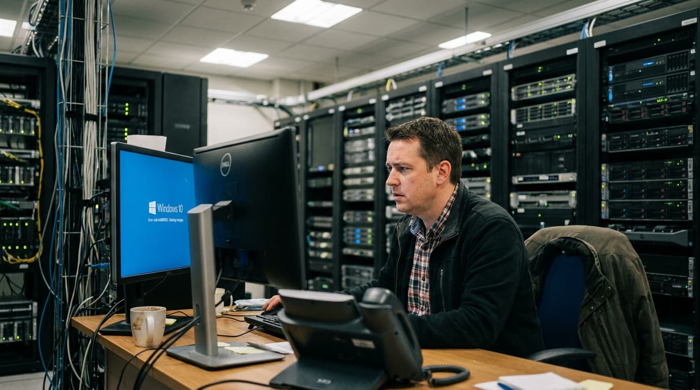An IT professional in an office environment looks at a Windows error message on their computer screen.