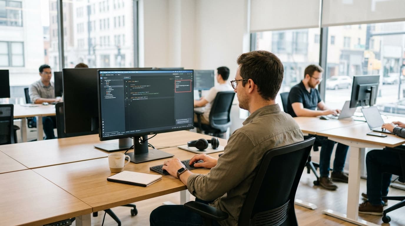 A developer working on Java code within a JetBrains IDE on a desktop computer in an office setting.