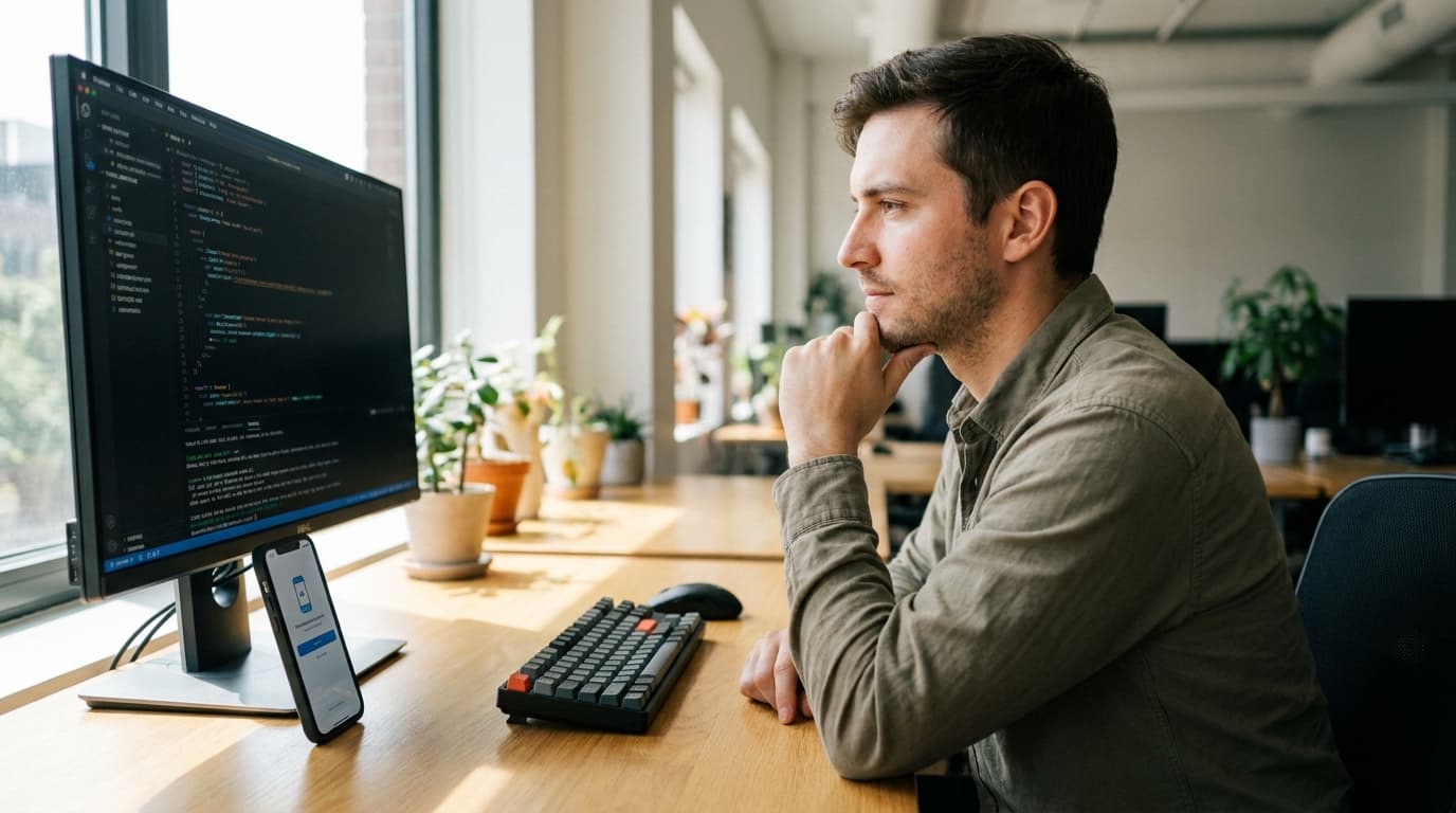 A developer in an office looking at code on a computer monitor, with a smartphone on the desk beside them.