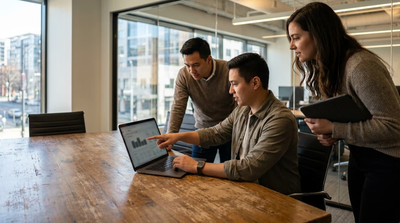 Three marketing professionals collaborate around a laptop showing data analytics in a modern office meeting room.