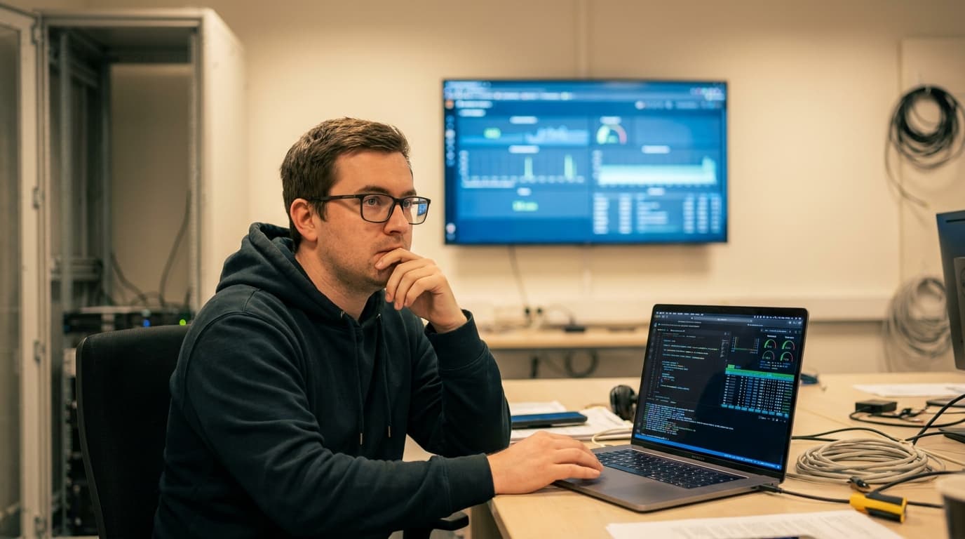 An engineer works on a laptop in a modern office, analyzing system performance data on multiple screens.