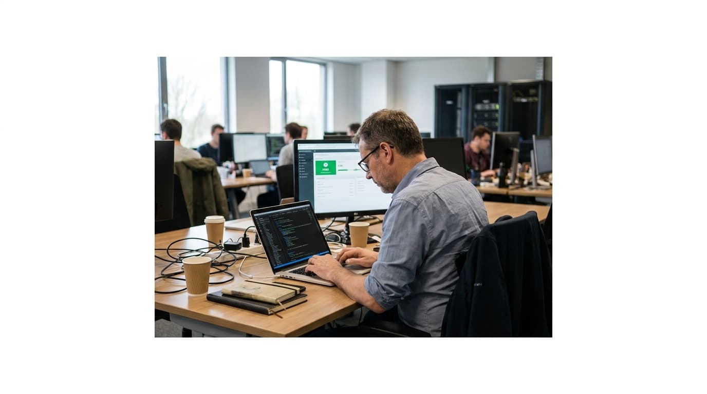 An engineer at an office desk reviews code for an AI safety check on a laptop, with a performance dashboard on another screen.