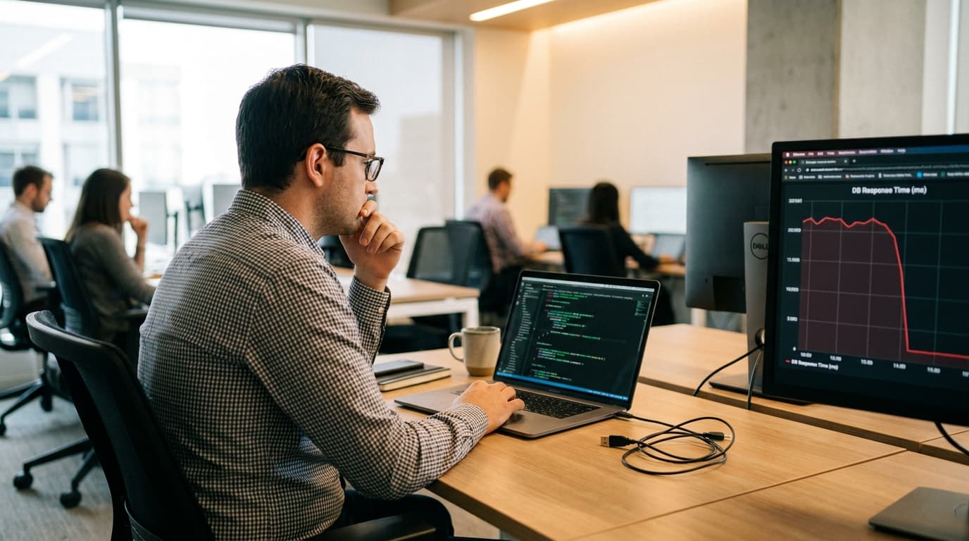 A developer reviews Java code on a laptop while a monitor displays a chart showing improved database performance.