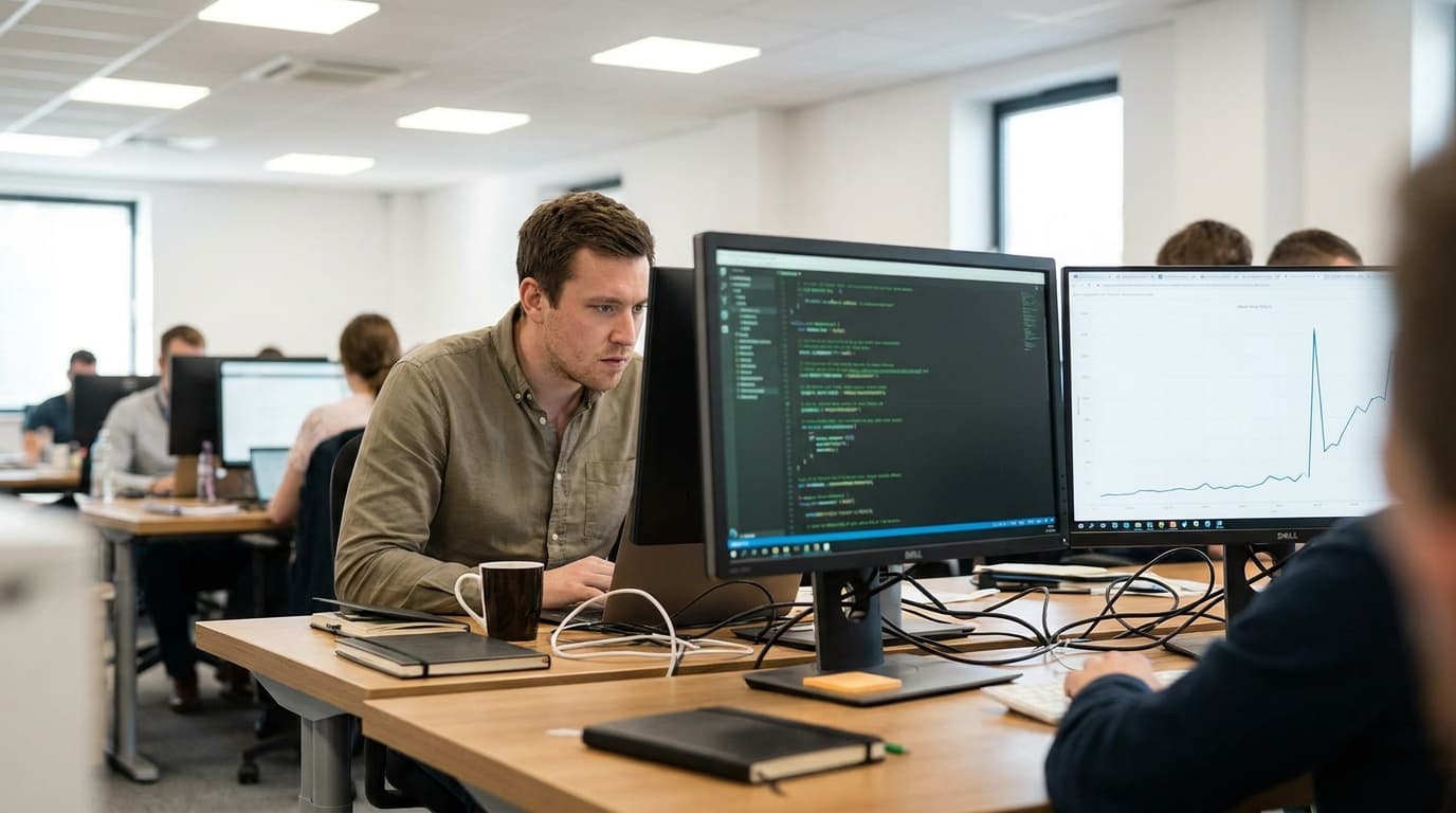 A developer studies code on a computer monitor in an office, analyzing data on a second screen.