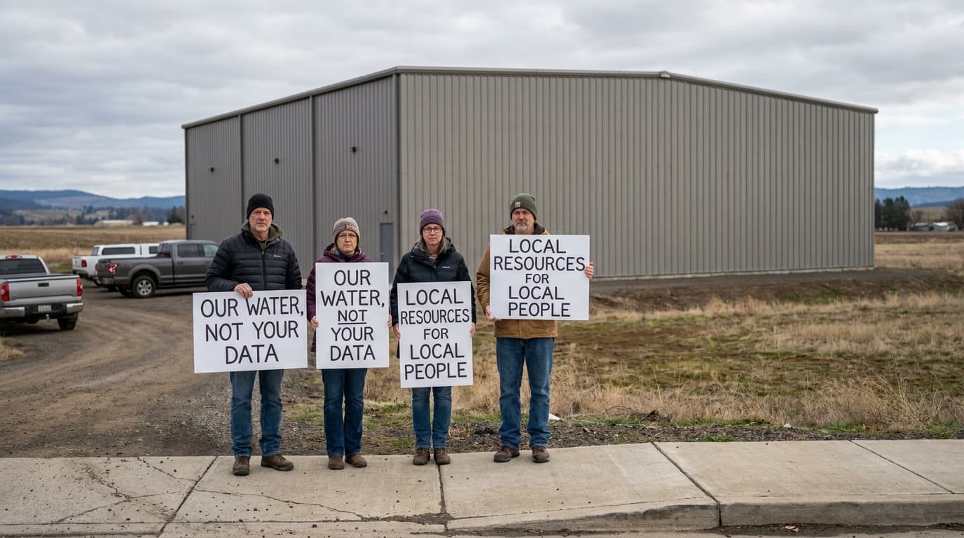 A group of protestors holds signs in front of a large, modern data center facility in Oregon.