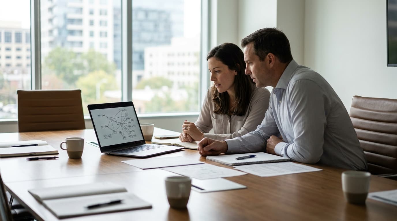 Two tech executives in a meeting room analyze a complex diagram on a laptop, discussing system governance and risk.