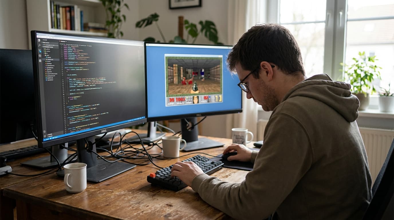 A developer's desk with one screen showing source code and another screen showing a retro video game.