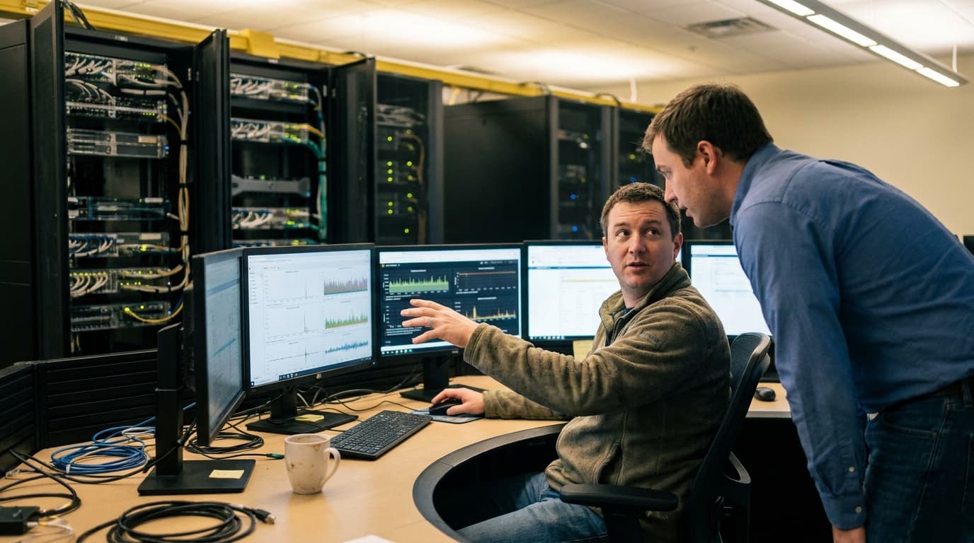 Two IT professionals work together in a server room, analyzing data on large screens displaying network activity.