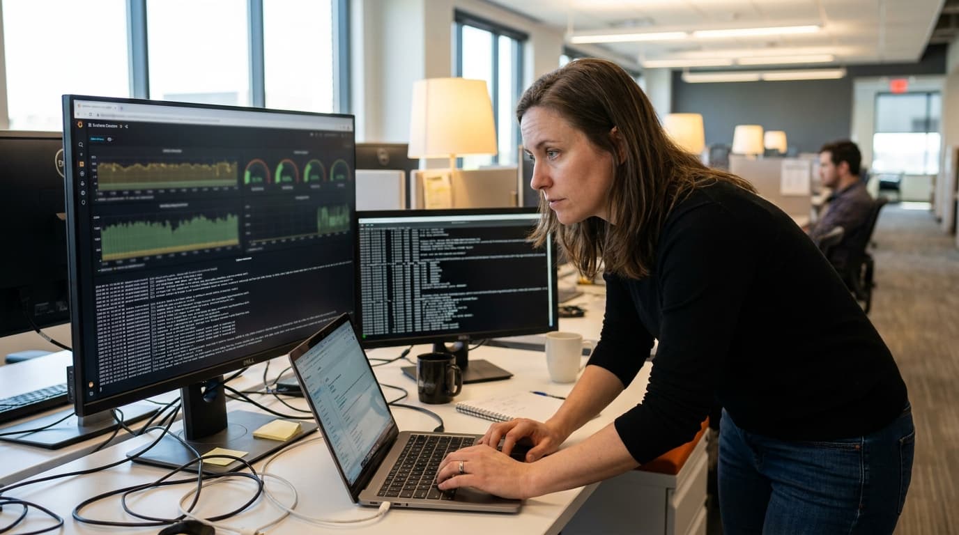 A site reliability engineer analyzes performance dashboards on a large monitor while working on a laptop in an office environment.