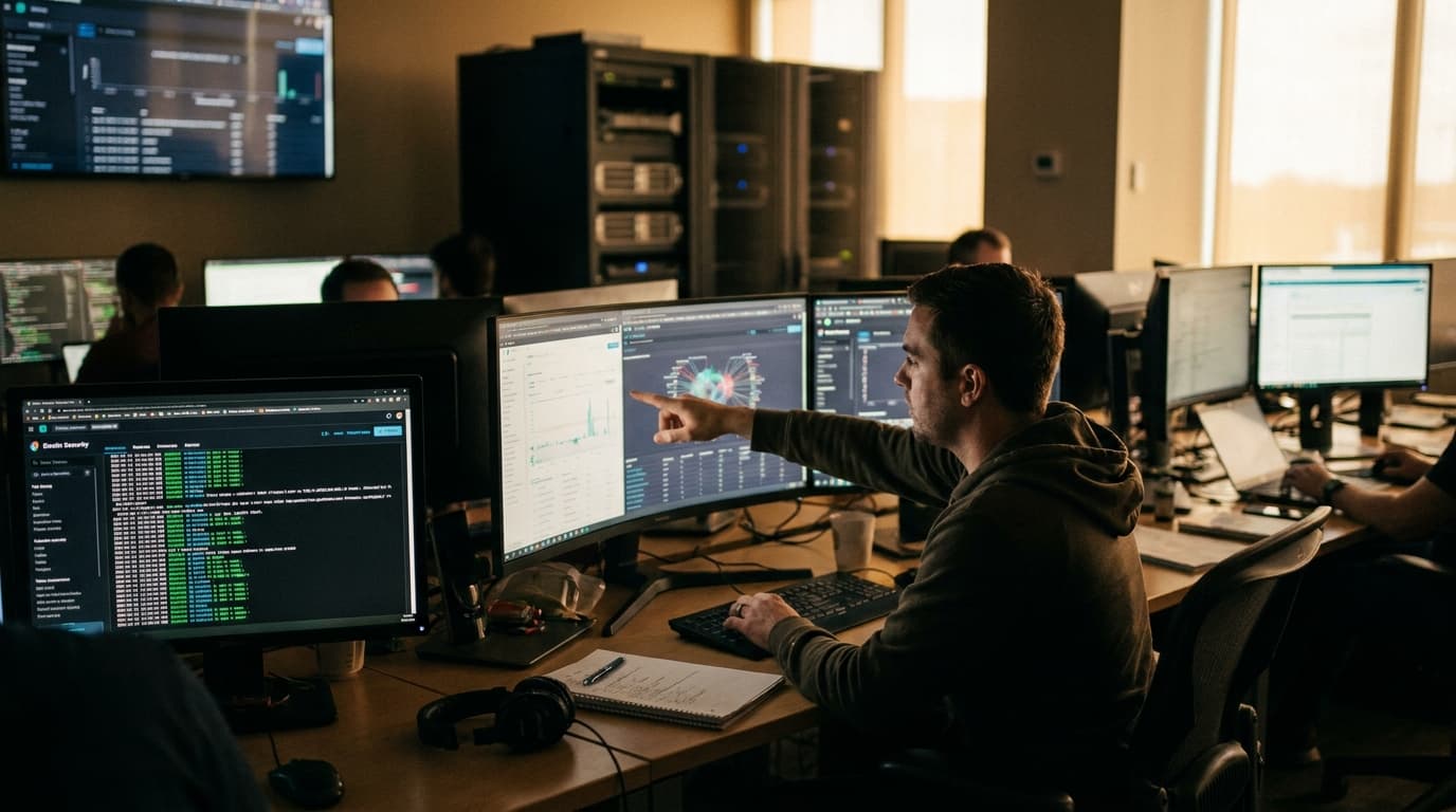 A security operations center analyst works at a desk with multiple monitors displaying security data and code.
