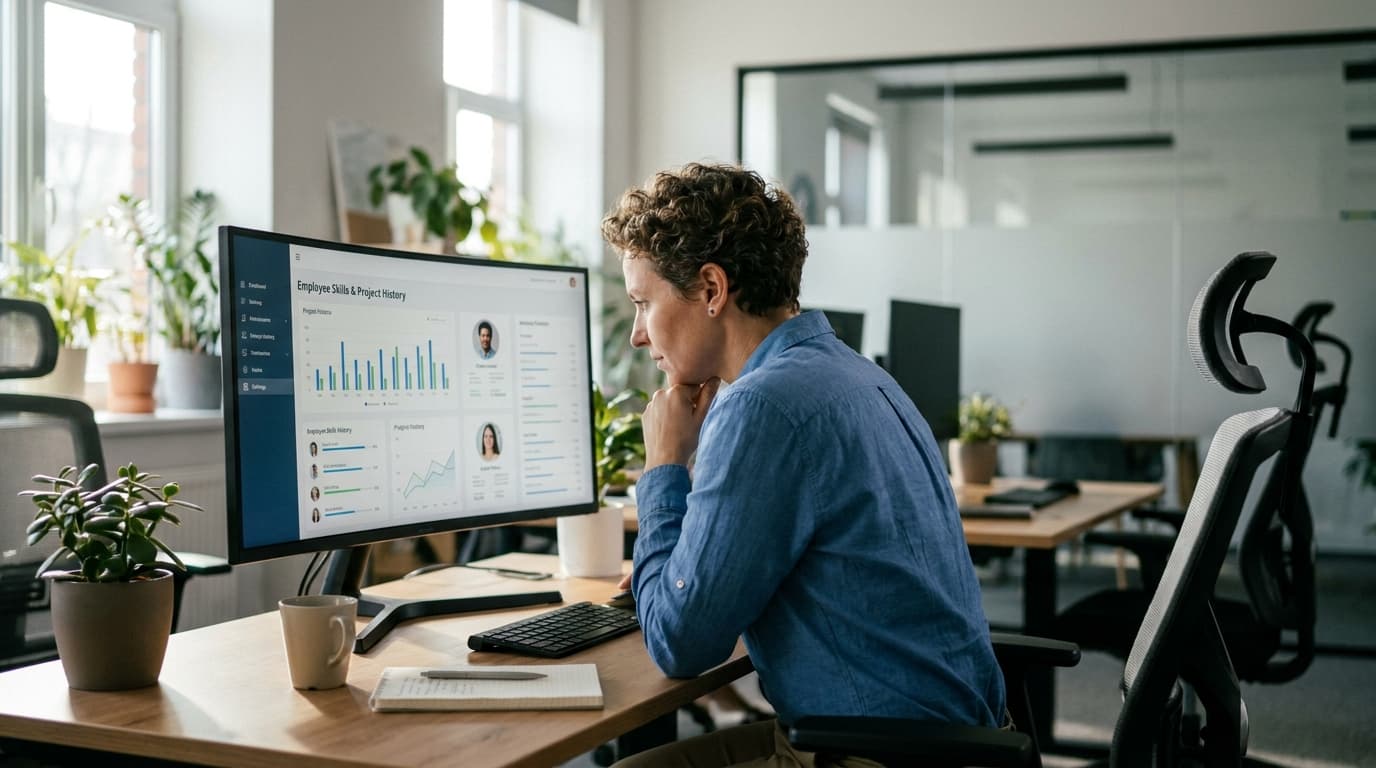 An office worker at a desk analyzes a skills intelligence dashboard displayed on their computer screen.