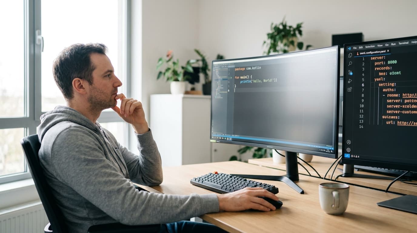 A developer works on a Kotlin project at their desk, with code on one screen and a configuration file on another.