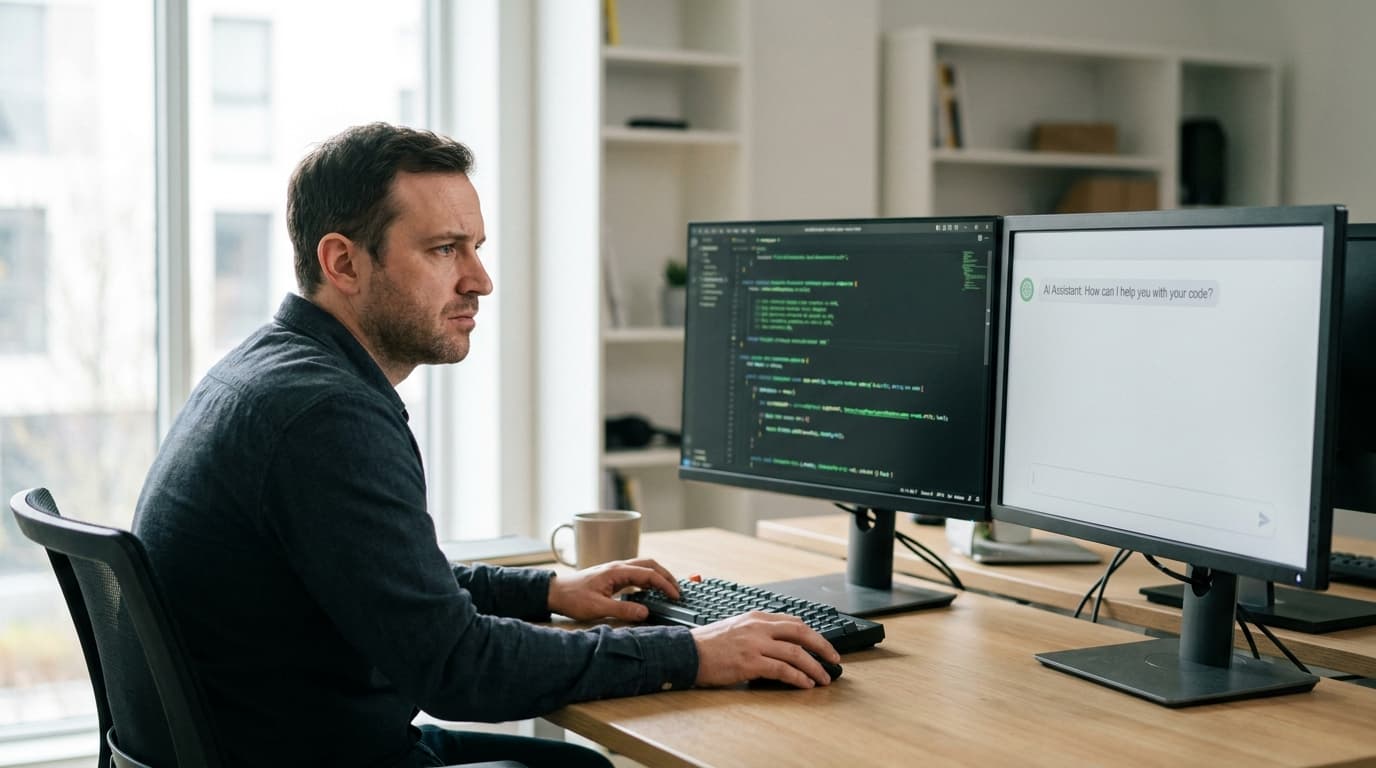 A developer at their desk carefully reviews code on one screen while an AI coding assistant is open on a second screen.