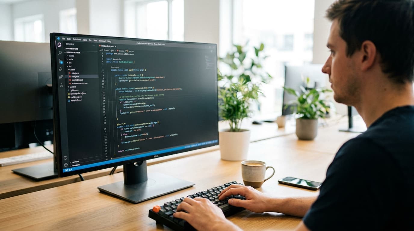 A developer writing Java code in the Visual Studio Code editor on a large monitor in a well-lit office setting.