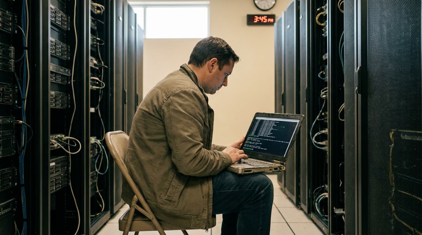 An engineer works on a laptop in a data center, with server racks behind them.