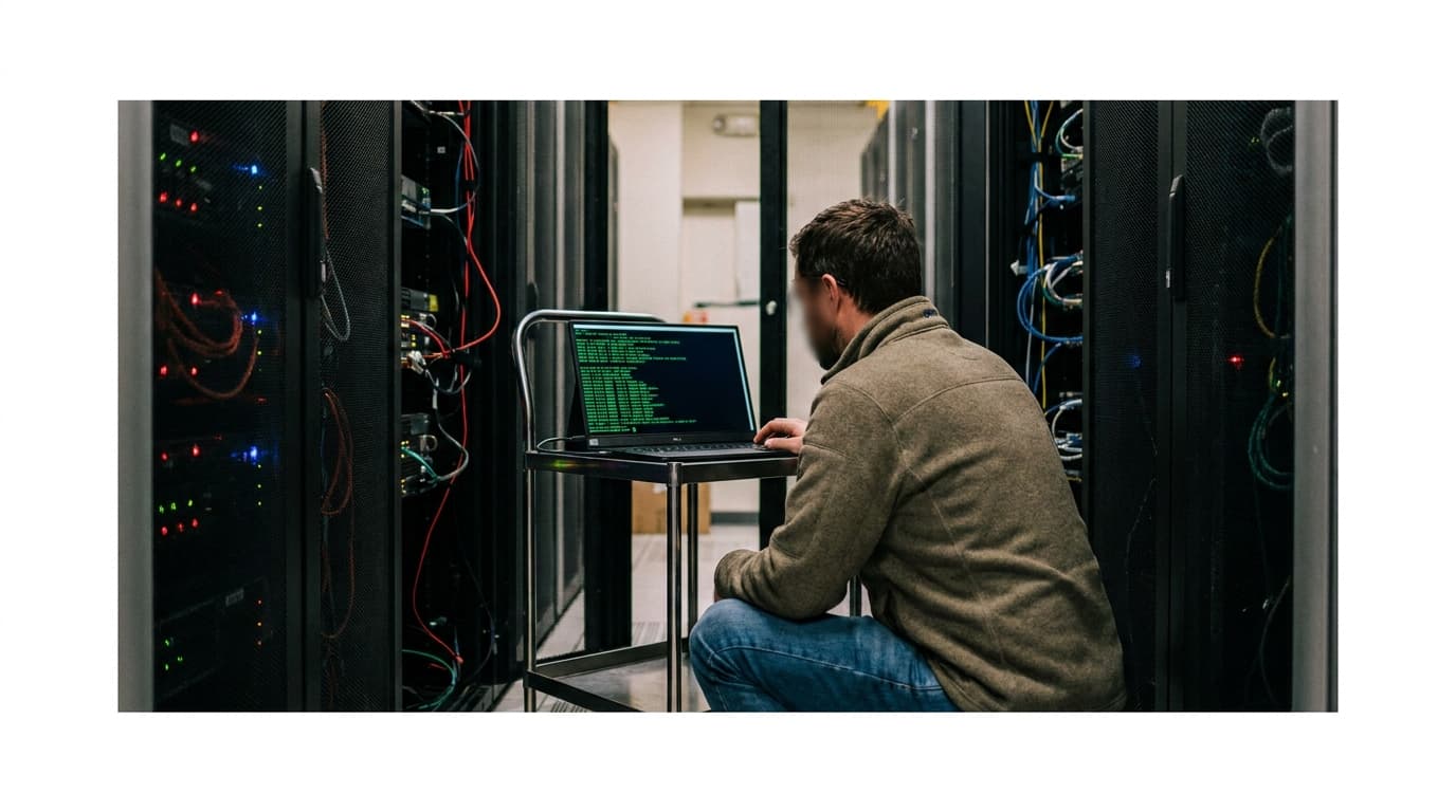 An engineer works on a computer terminal in a server room, with racks of network equipment visible in the background.