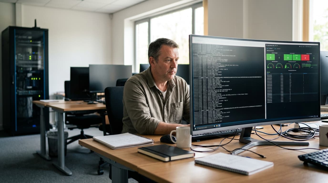 A security engineer works at a computer in an office with server racks in the background, analyzing security data on a screen.