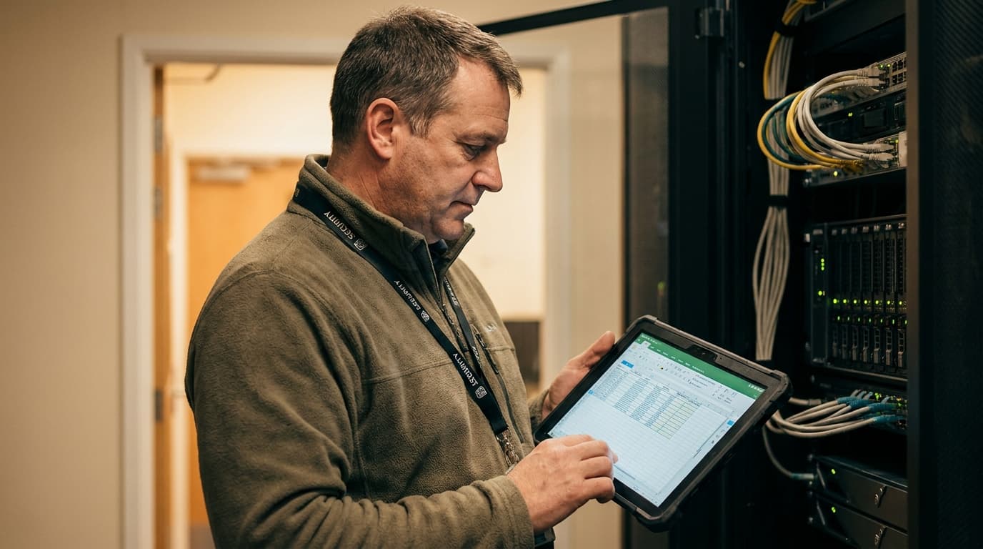An IT professional reviews a document in LibreOffice on a tablet while standing inside a data center server room.