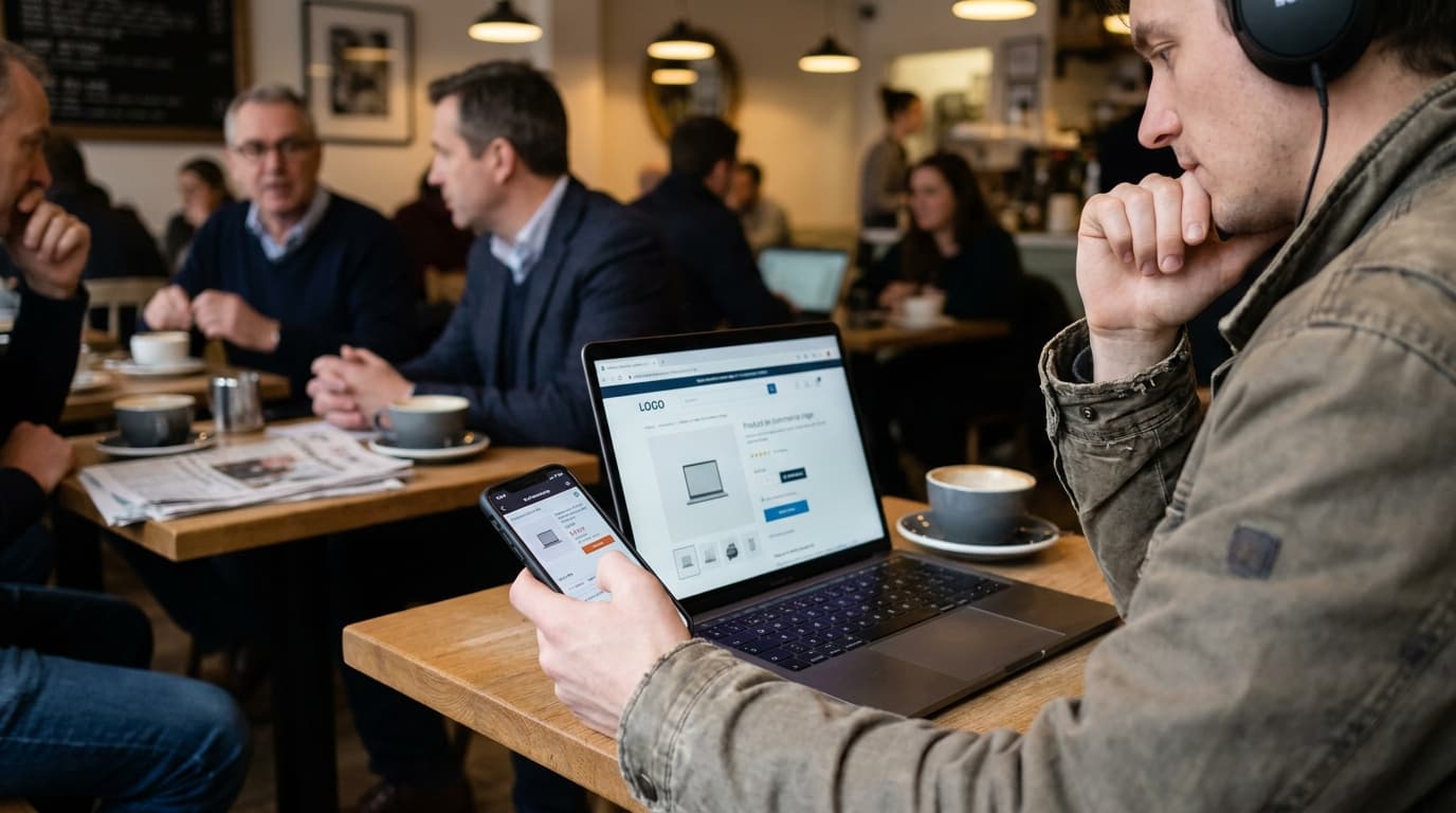 A person at a cafe compares prices for a product on their laptop and smartphone, looking concerned about the difference.