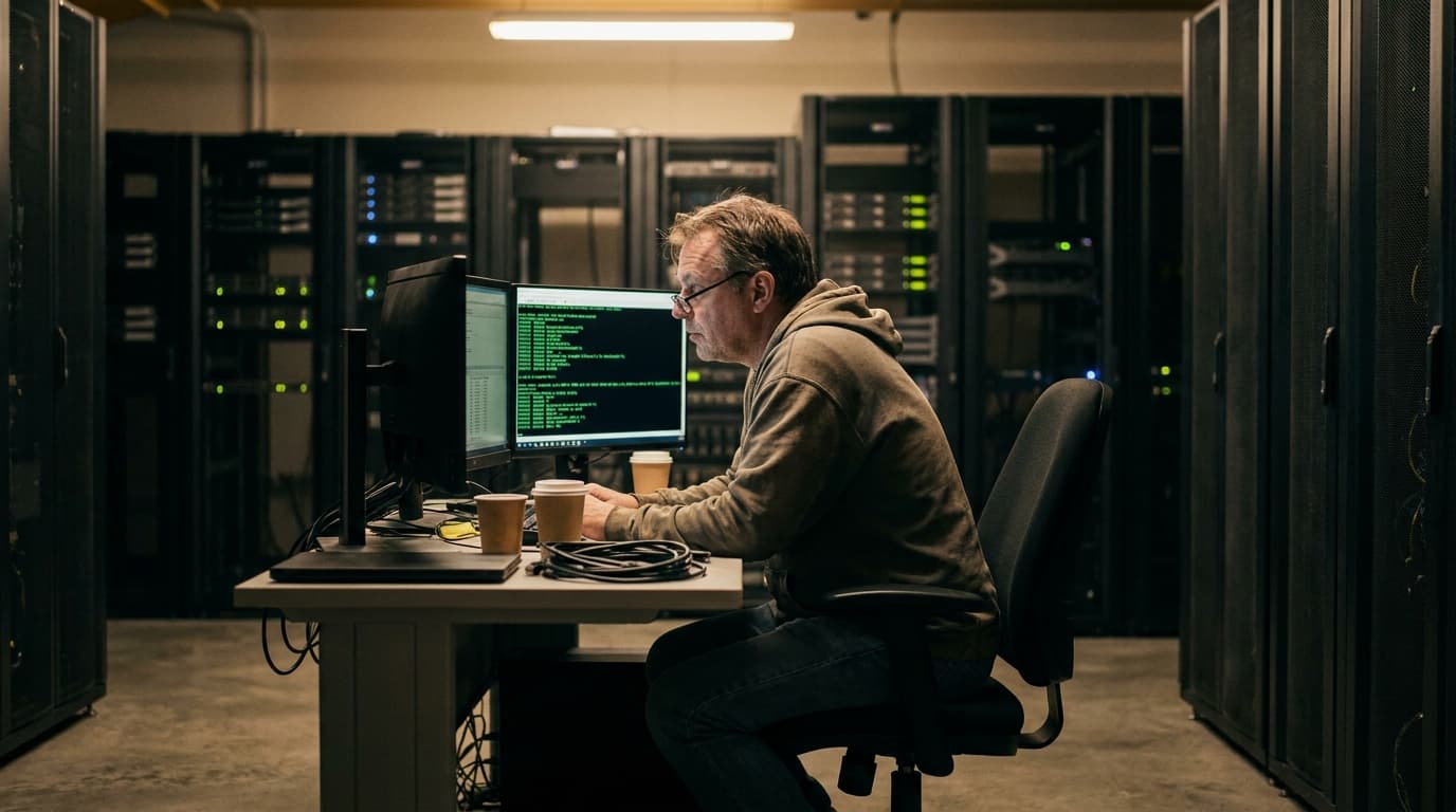 A database administrator reviews SQL code on a computer monitor inside a data center with server racks behind them.