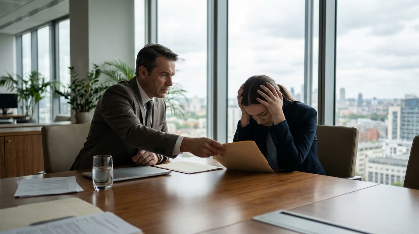 An HR professional in a modern office presents a document to an employee during a serious meeting at a large table.