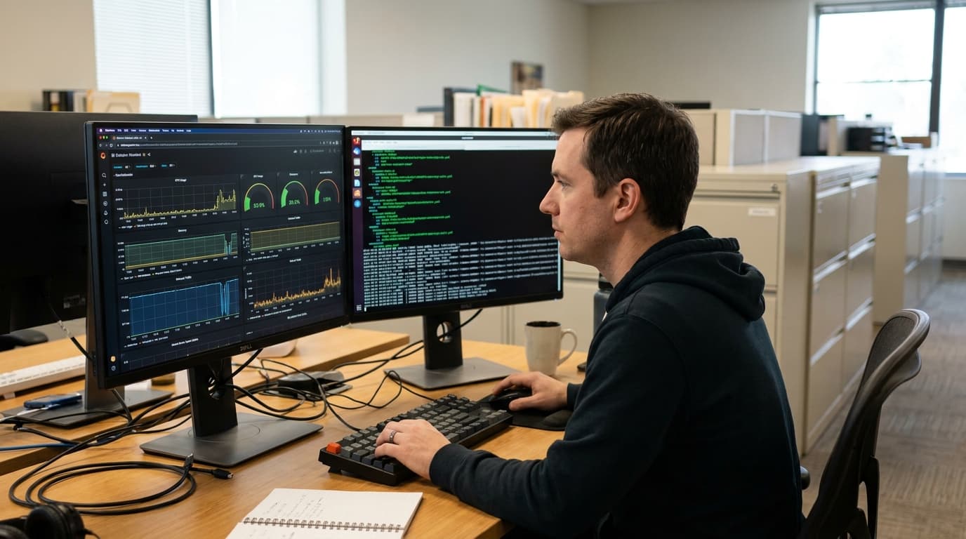 A DevOps engineer works at a desk with two monitors, one showing a Grafana dashboard and the other showing code in a terminal.