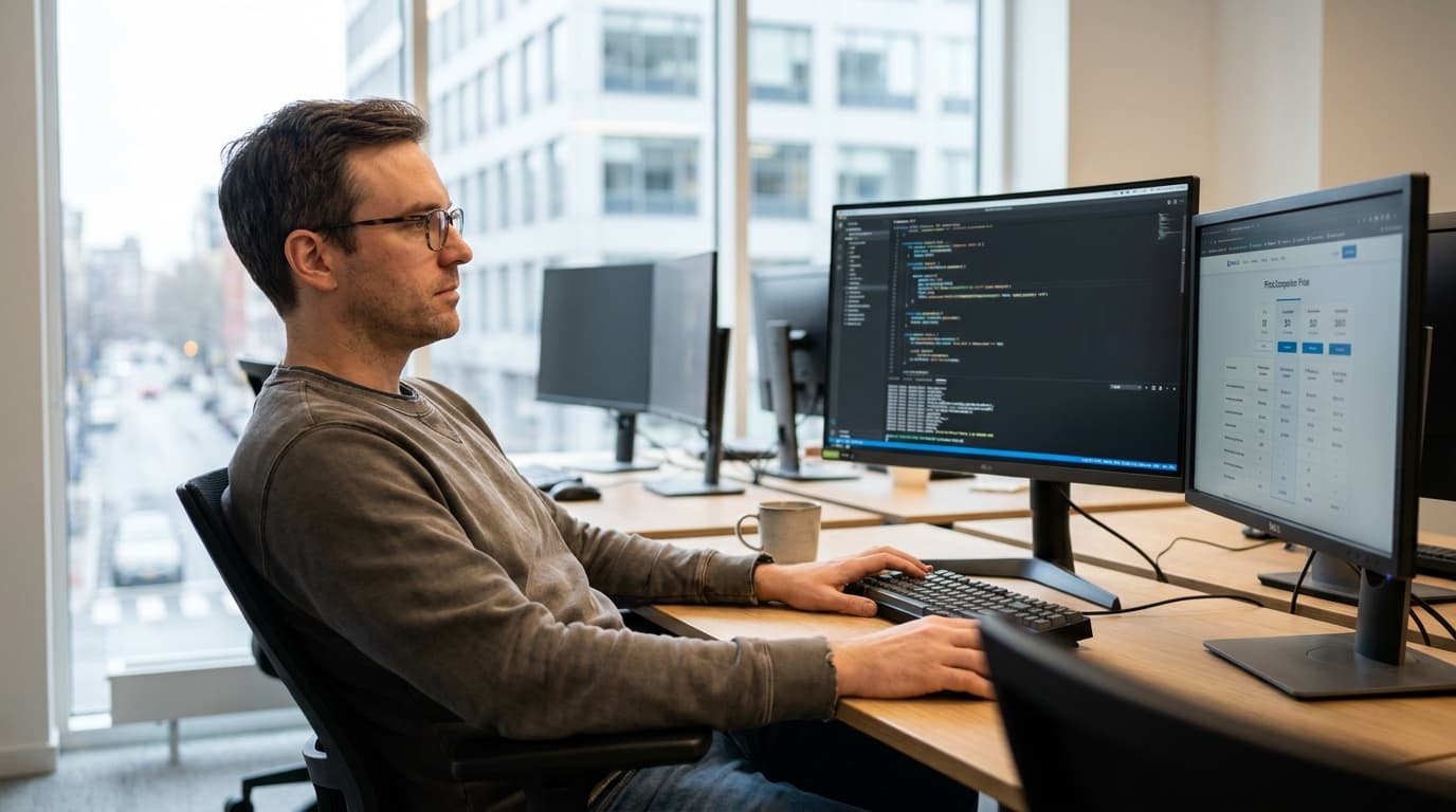 A developer at a desk reviews code on one screen while looking at a pricing chart on another.